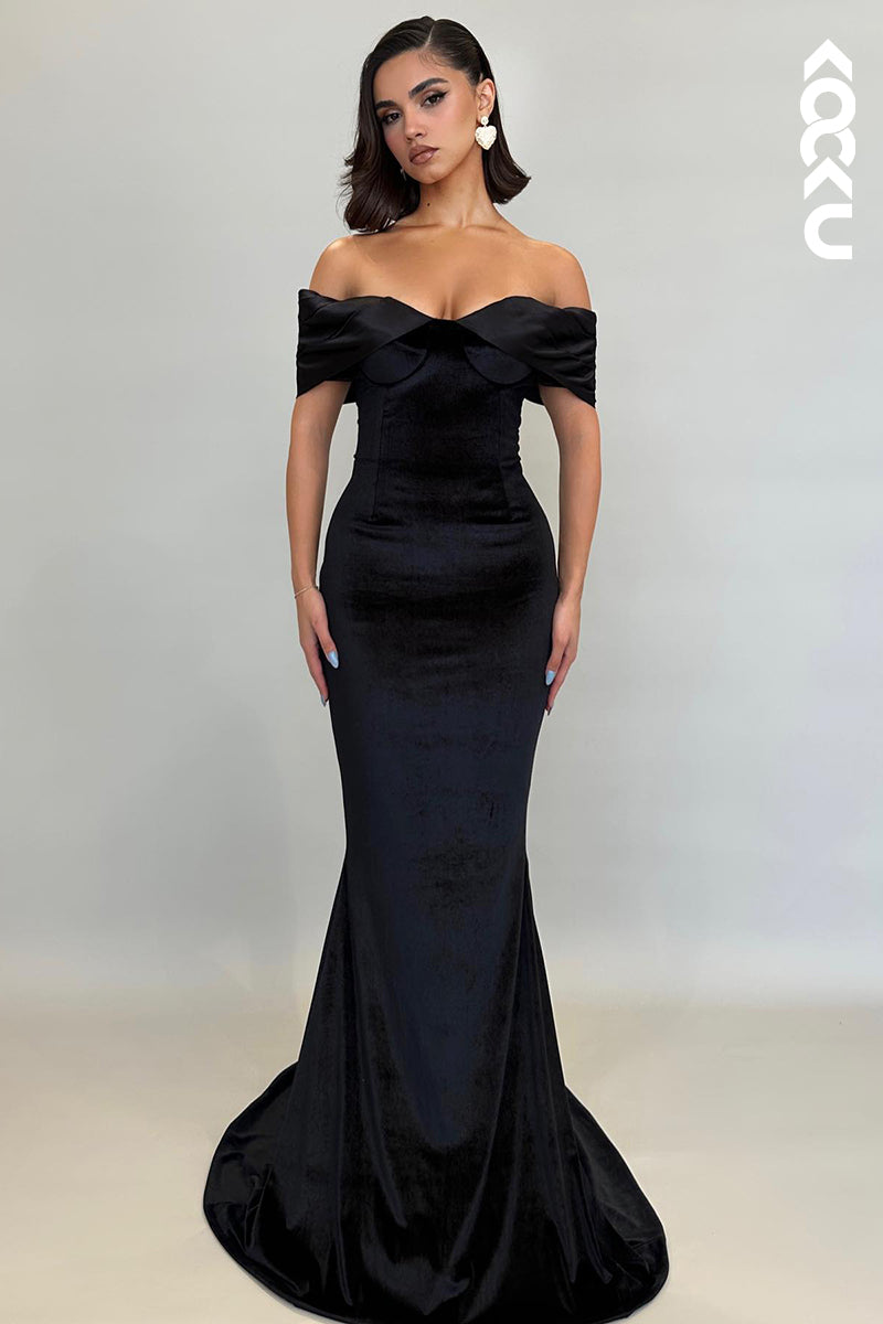 L2222 - Simple & Elegant Off-Shoulder Cap Sleeves Trumpet Formal Prom Dress