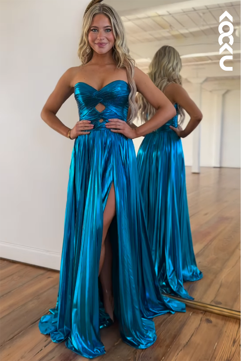 L2734 - Simple & Casual Off-Shoulder Side Slit A-line Ruched Sleeveless Prom Dress