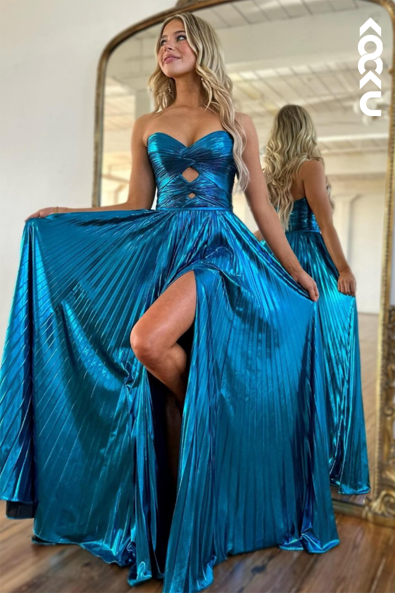 L2734 - Simple & Casual Off-Shoulder Side Slit A-line Ruched Sleeveless Prom Dress