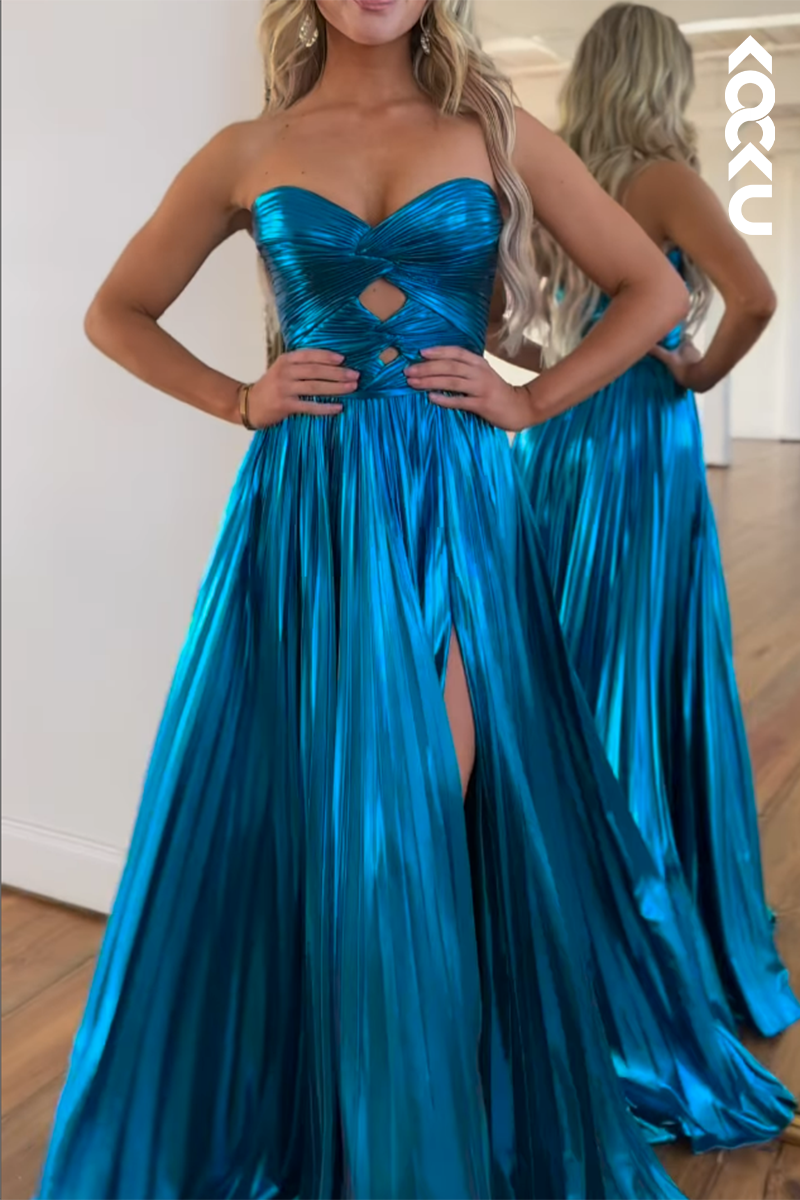 L2734 - Simple & Casual Off-Shoulder Side Slit A-line Ruched Sleeveless Prom Dress