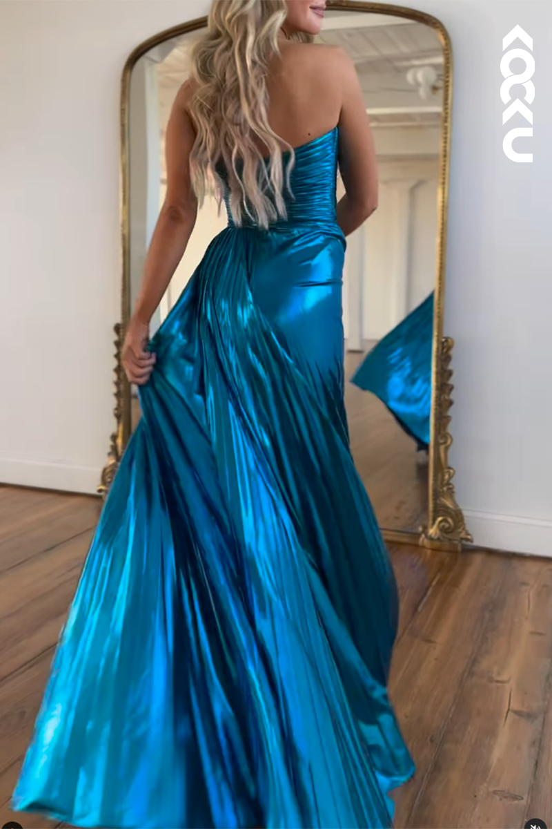 L2734 - Simple & Casual Off-Shoulder Side Slit A-line Ruched Sleeveless Prom Dress