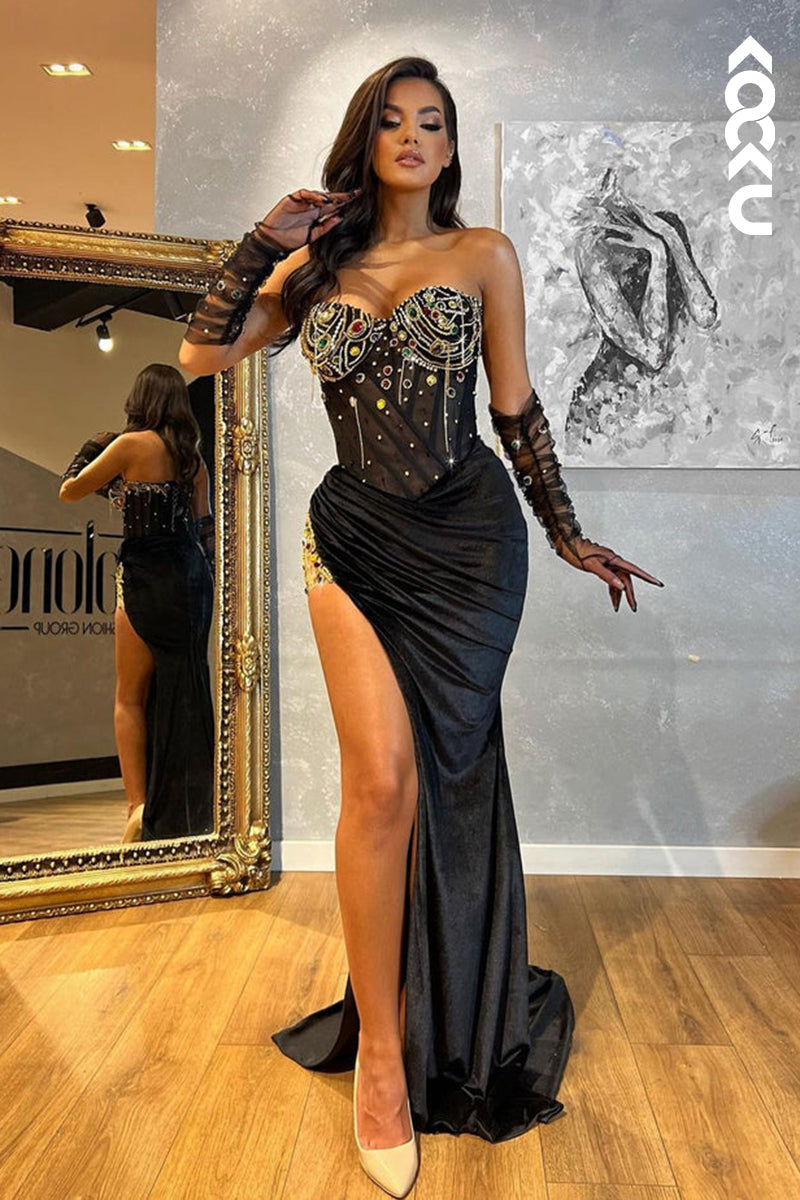L2457 - Glamorous & Dramatic Off-Shoulder Side Slit Rhinestones Sleeveless Sheath Prom Dress