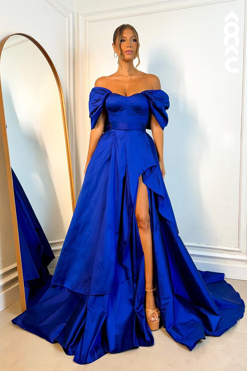 L2615 - Chic & Elegant Off-Shoulder Cap Sleeves A-Line Side Slit Formal Party Prom Dress