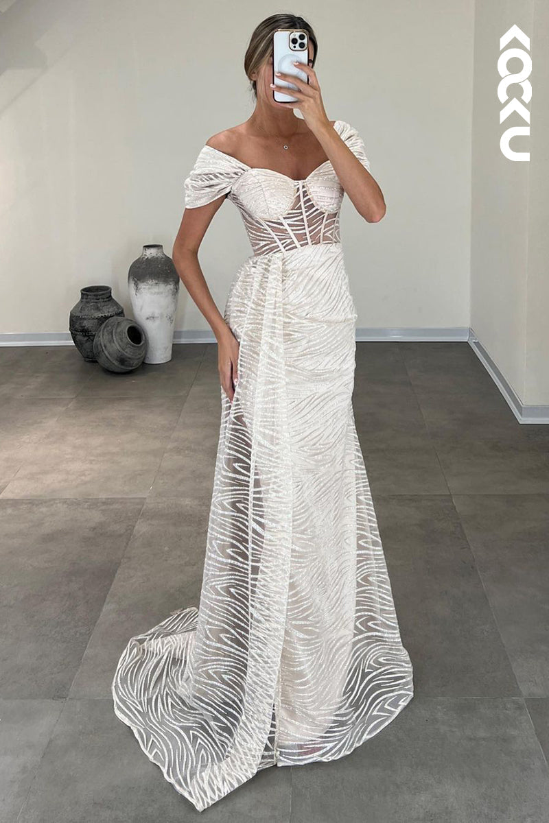 L2393 - Glamorous & Dramatic Off-Shoulder Cap-Sleeves Sheath Slit Prom Dress