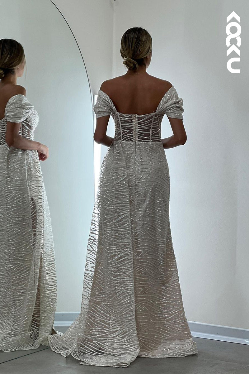 L2393 - Glamorous & Dramatic Off-Shoulder Cap-Sleeves Sheath Slit Prom Dress