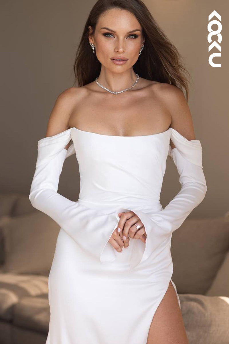 K2007 - Classic & Timeless Off-Shoulder Long Sleeves Sheath Side Slit Wedding Dress