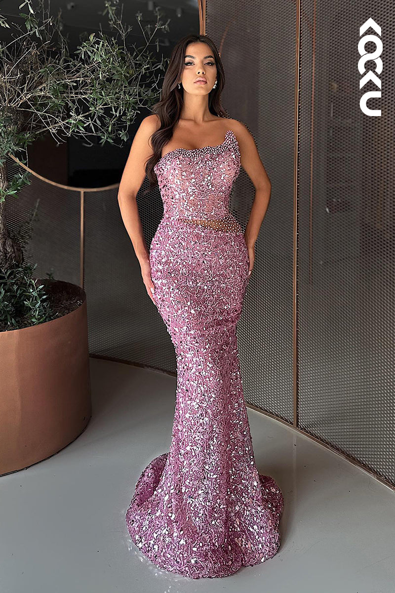 L2723 - Gorgeous & Charming Off-Shoulder Sleeveless Fully Sequins Trumpet Prom Dress