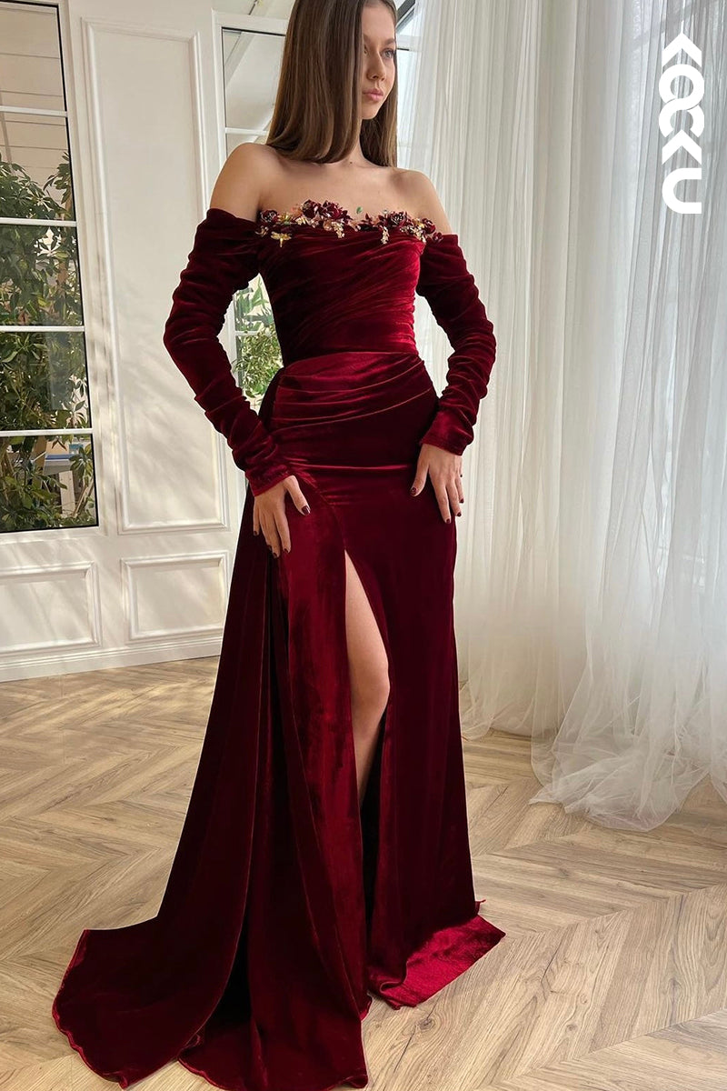 L2425 - Elegant Red Off-Shoudler Long Sleeves Ruched Slit Prom Dress With Flower