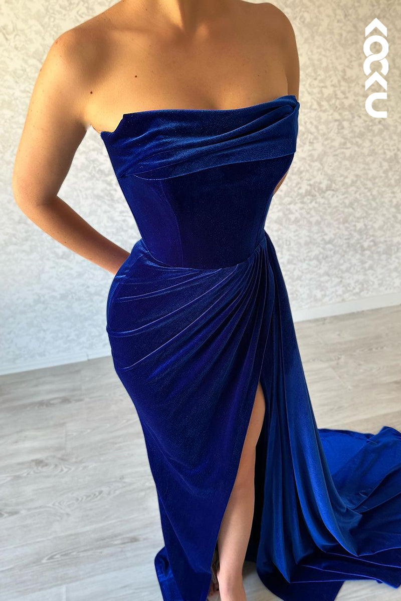 L2418 - Simple & Casual Off-Shoulder Sleeveless Ruched Side Slit Formal Prom Dress