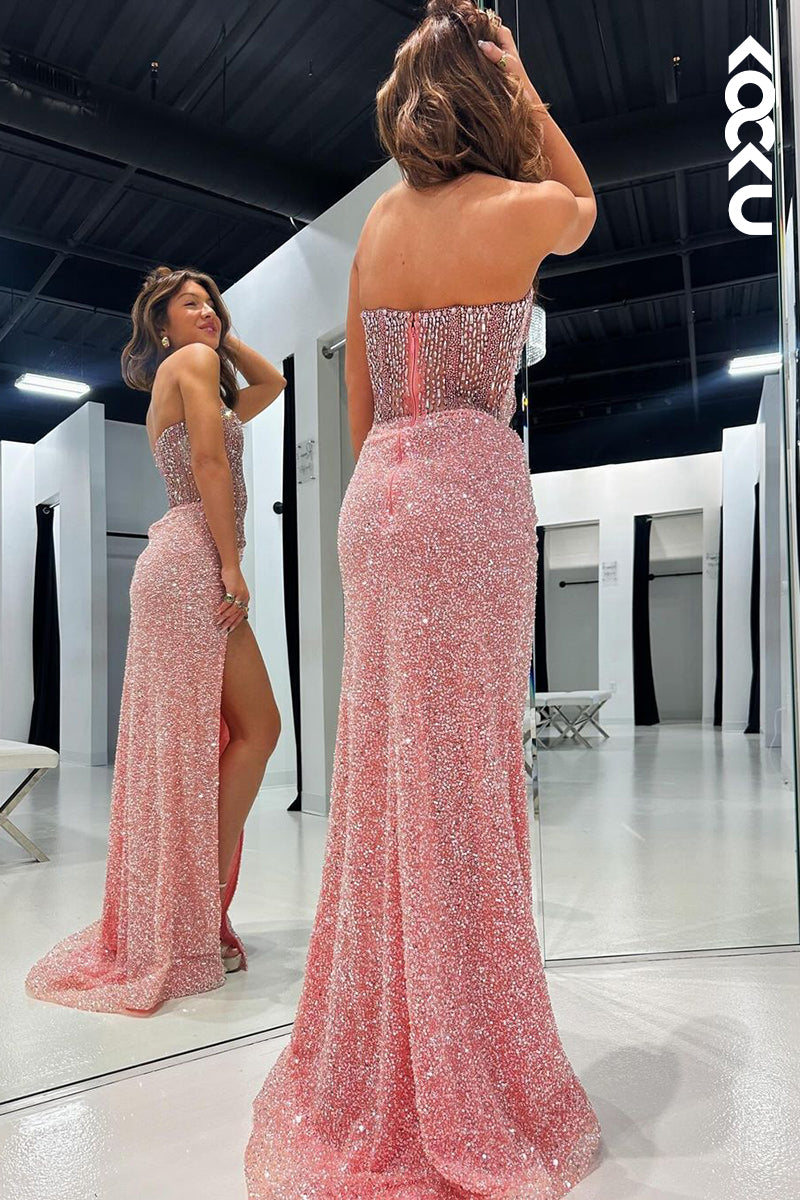 L2671 - Couture & Ornate Sweetheart Sleeveless Side Slit Sheath Sequins Evening Party Prom Dress