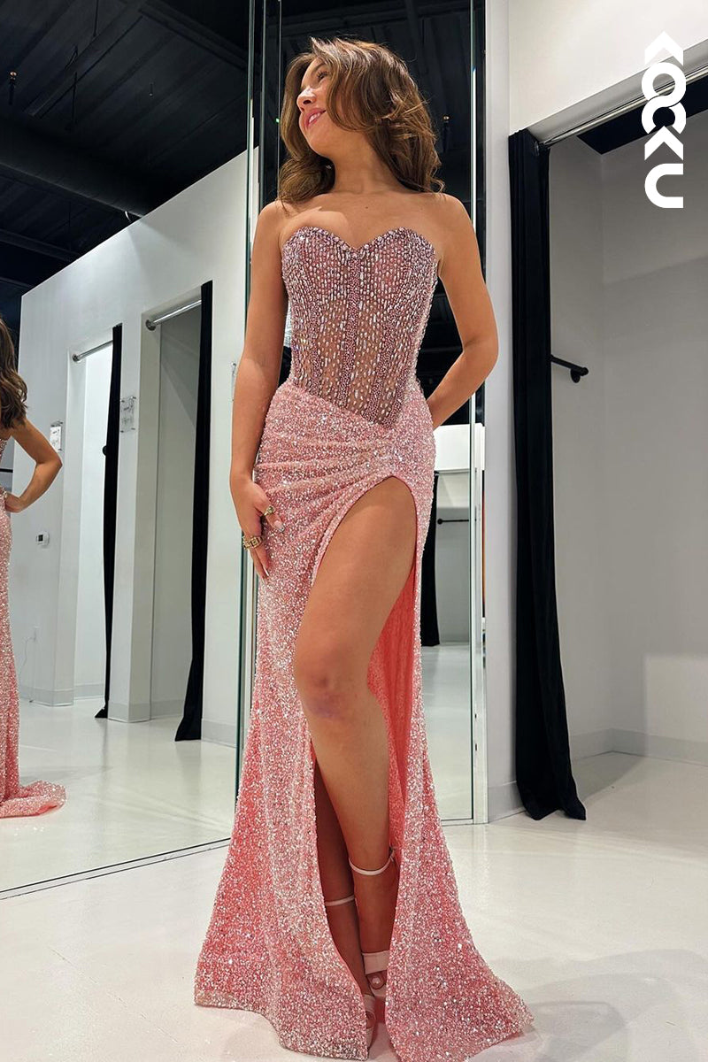 L2671 - Couture & Ornate Sweetheart Sleeveless Side Slit Sheath Sequins Evening Party Prom Dress