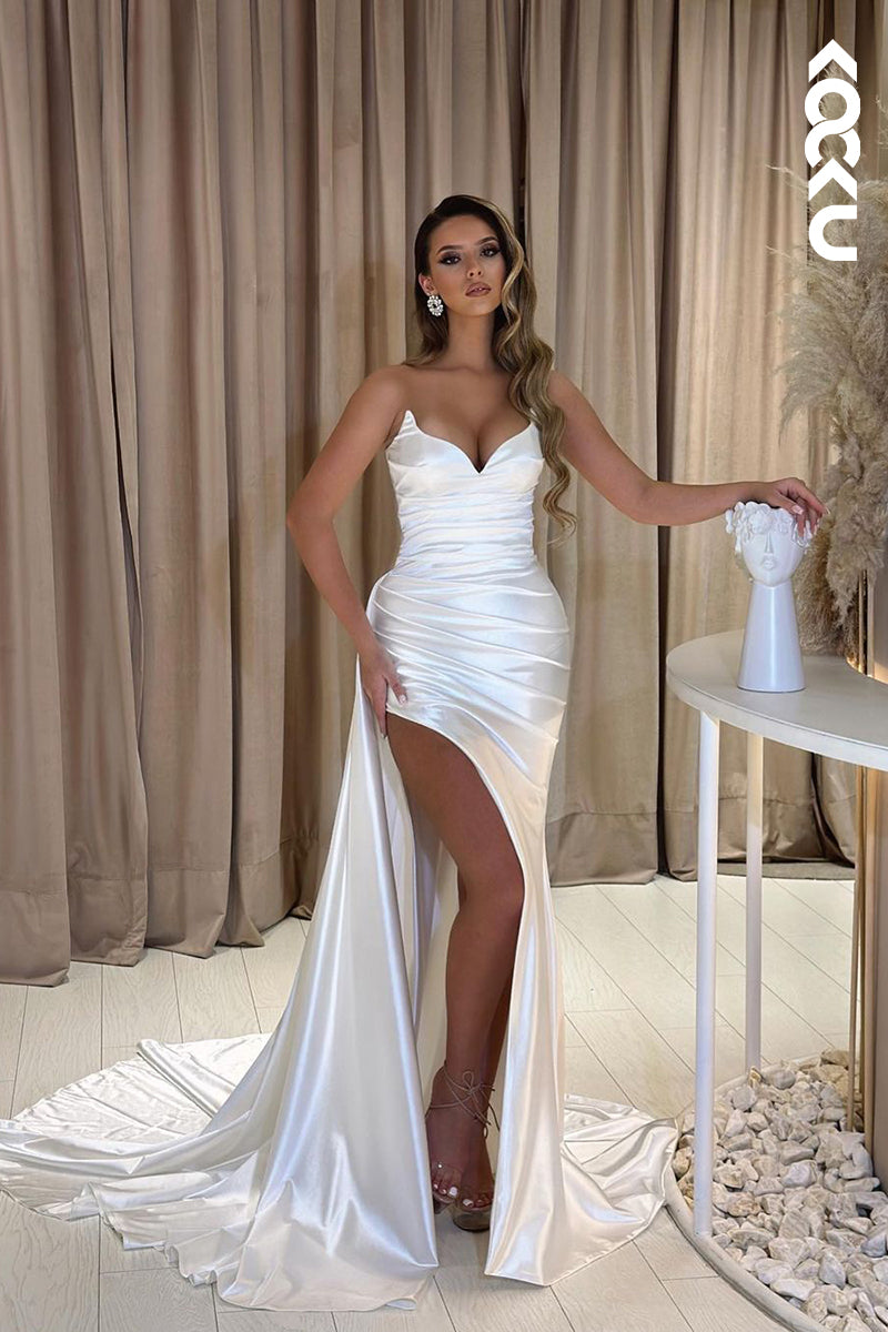 L2636 - Simple & Elegant V-Neck Sleeveless Side Slit Mermaid Ruched Party Prom Dress