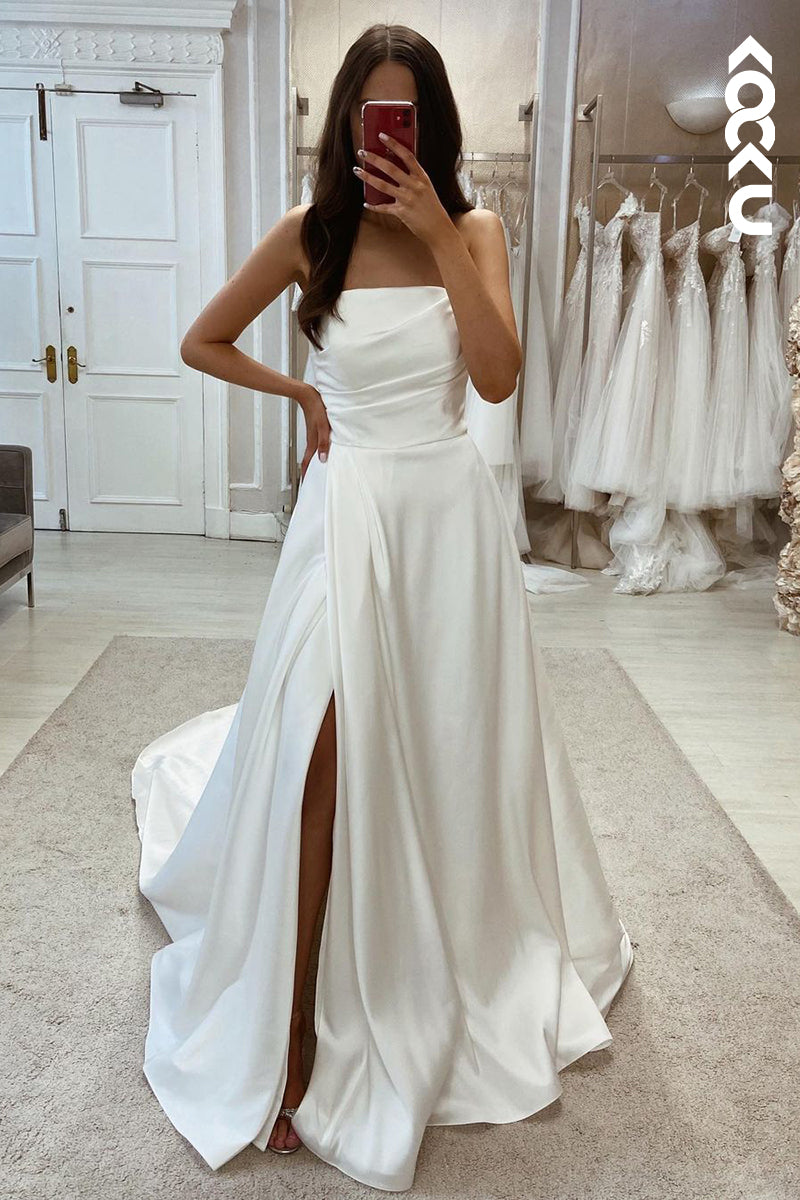 K2001 - Elegant Off-Shoulder Sleeveless A-Line Side Slit Ruched Wedding Dress