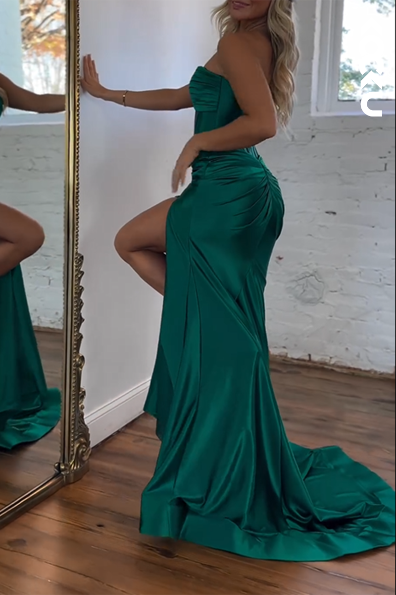 L2556 - Simple & Casual Off-Shoulder Sleeveless Sheath Side Slit Foemal Party Prom Dress