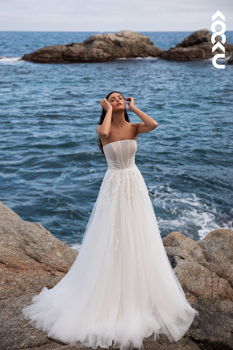 K1986 - Classic & Timeless Off-Shoulder A-line Sleeveless Wedding Tulle Wedding Dress