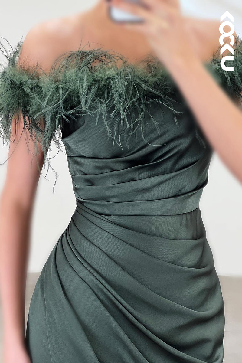 L2778 - Simple & Casual Off-Shoulder Cap Sleeves Ruched Side Slit Formal Prom Dress