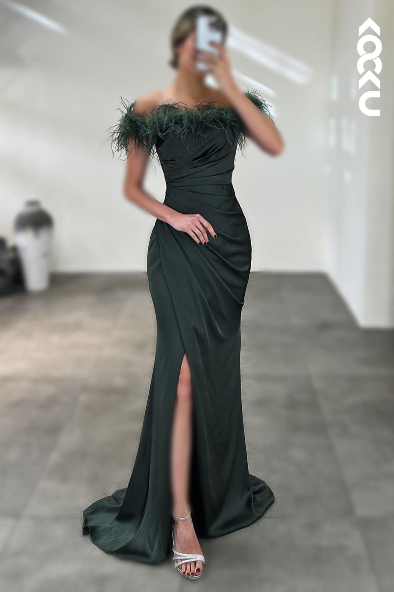 L2778 - Simple & Casual Off-Shoulder Cap Sleeves Ruched Side Slit Formal Prom Dress