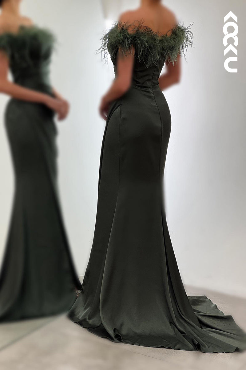 L2778 - Simple & Casual Off-Shoulder Cap Sleeves Ruched Side Slit Formal Prom Dress