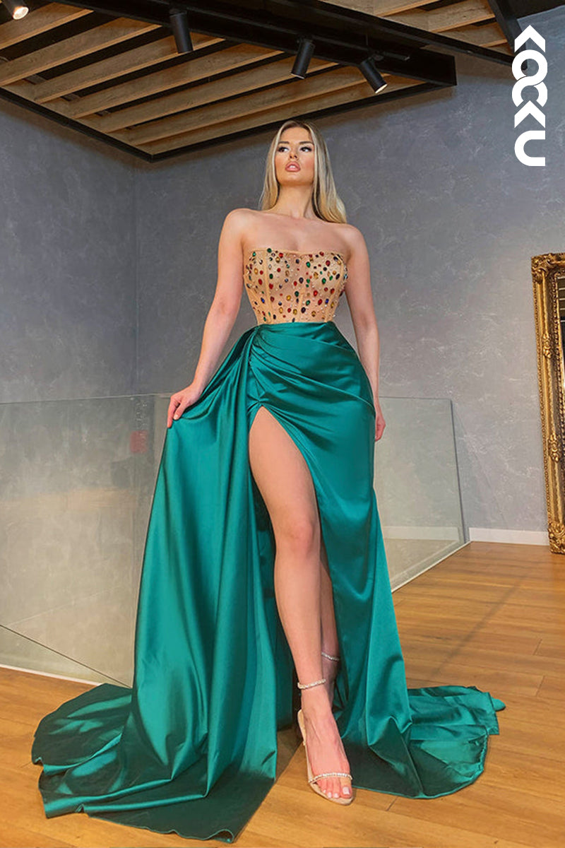 L2437 - Gorgeous & Classic Off-Shoulder Sleeveless Ruched Slit Party Prom Dress
