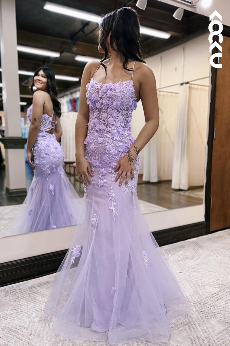 L2229 - Floral Embossed Spaghetti Straps Mermaid Tulle Party Prom Dress