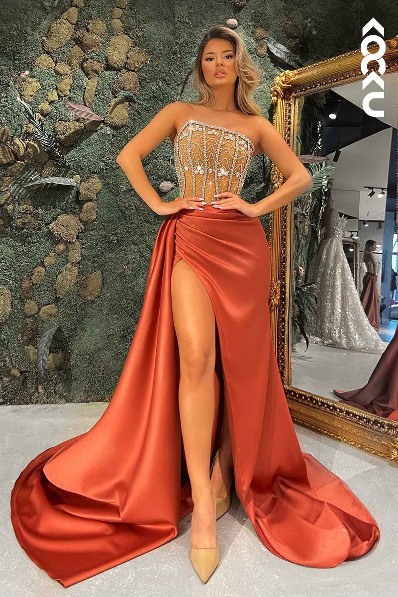 L2444 - Elegant & Luxurious Strapless Sleeveless Mermaid Side Slit Formal Prom Dress With Rhinestones