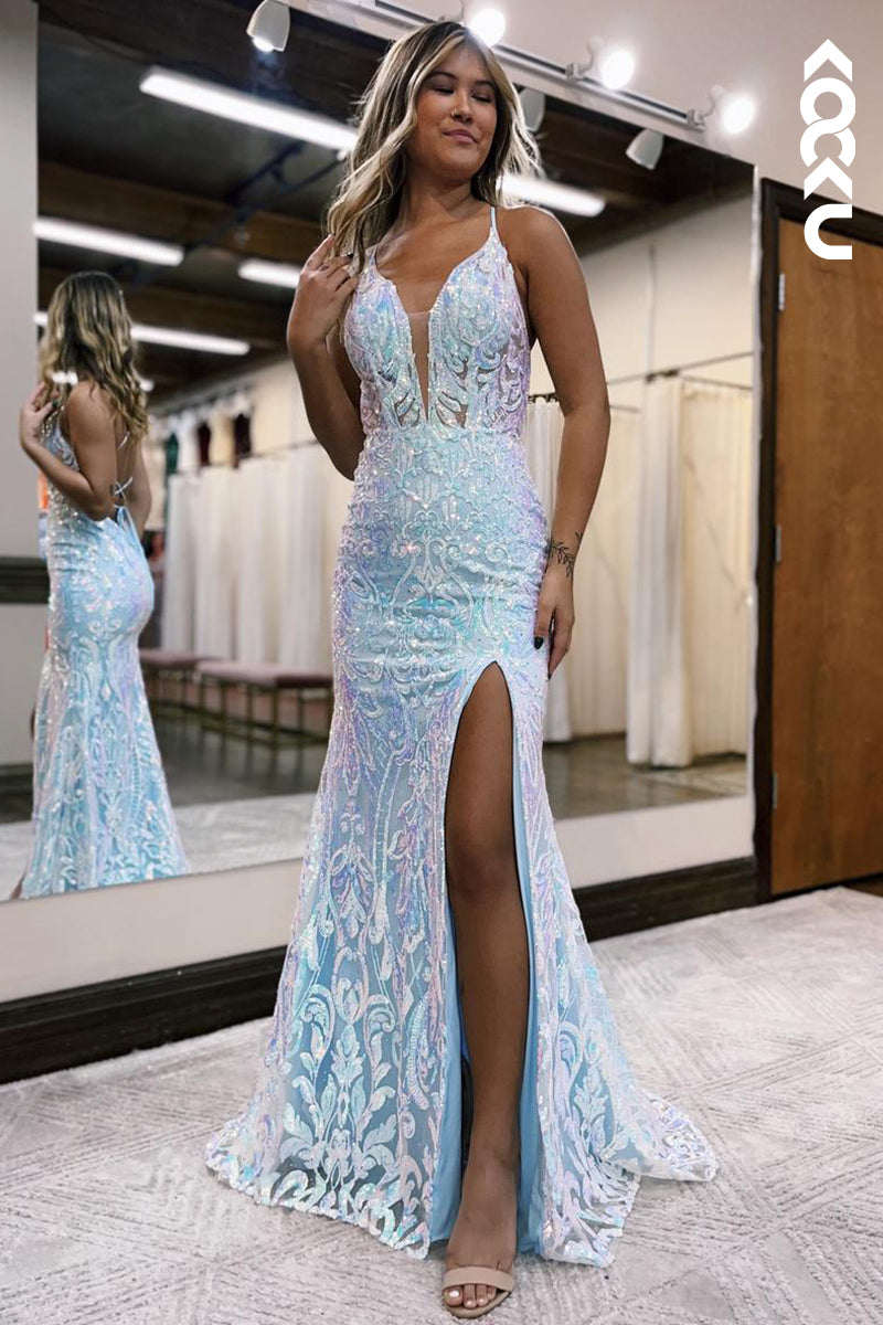 L2228 - Sexy Deep V- Neck Straps Slit Mermaid Applique Party Prom Dress