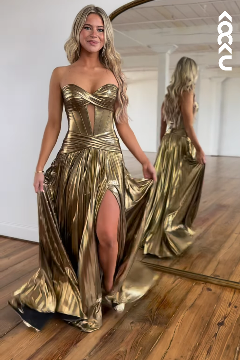 L2738 - Couture & Ornate Off-Shoulder A-line Sleeveless Side Slit Party Prom Dress