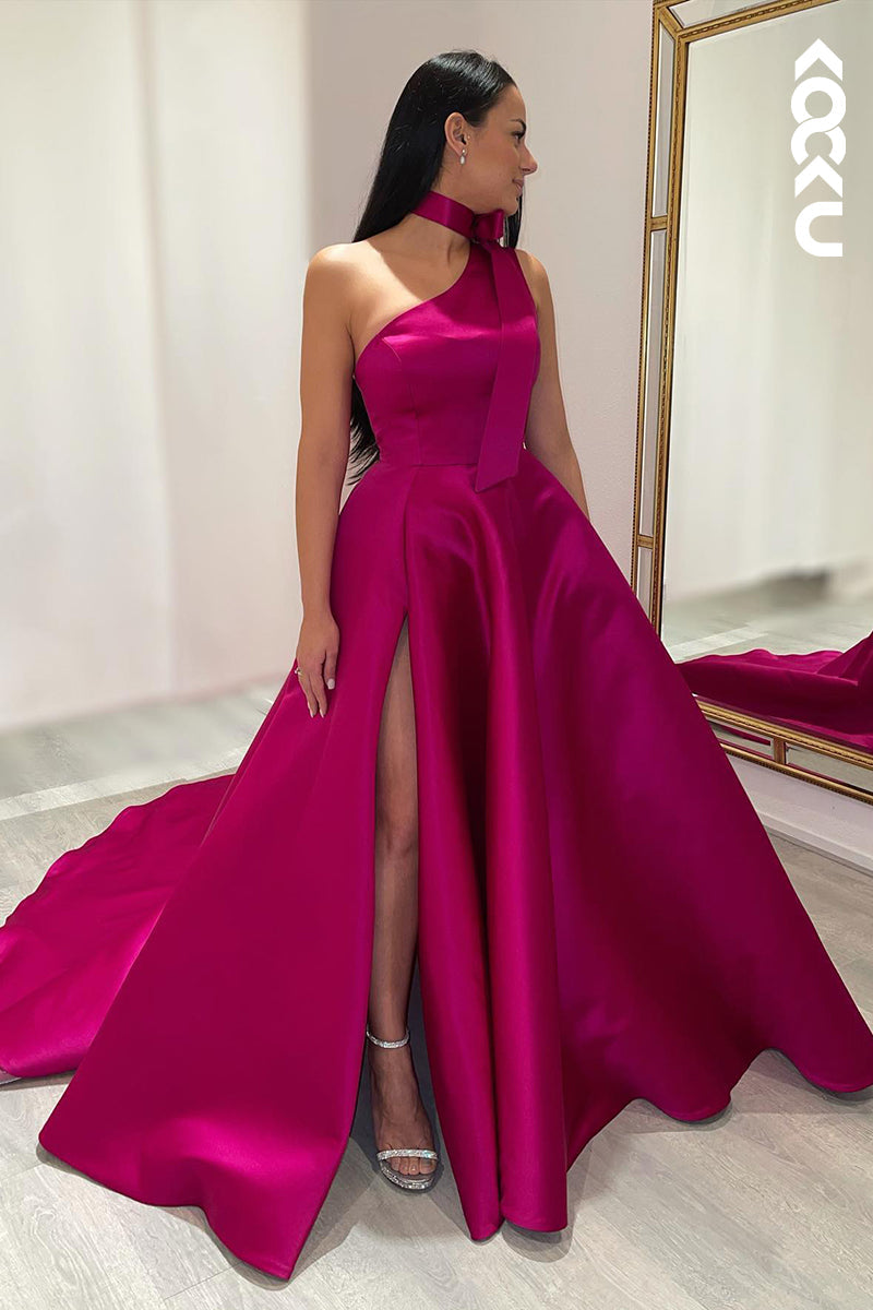 L2989 - Gorgeous & Charming One Shoulder Sleeveless A-line Side Slit Party Prom Dress