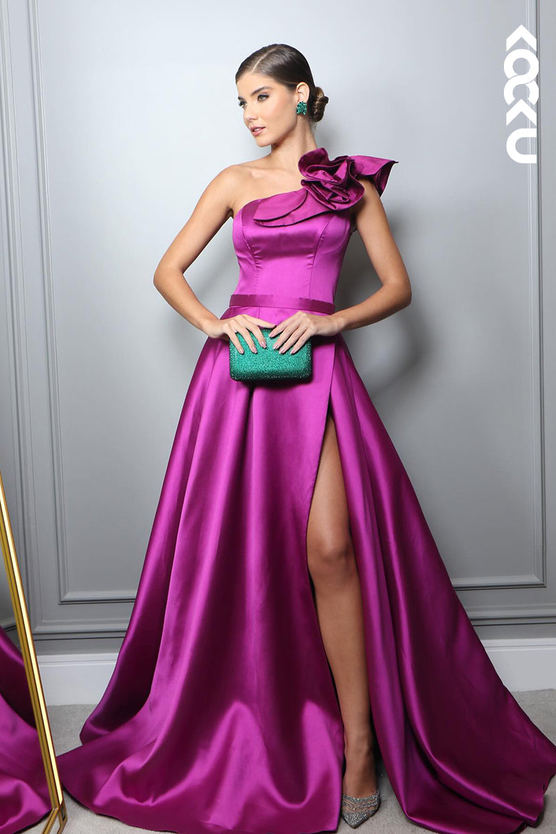 L2843 - Couture & Ornate A-Line One Shoudler Sleeveless Side Slit Ruffles Formal Prom Dress
