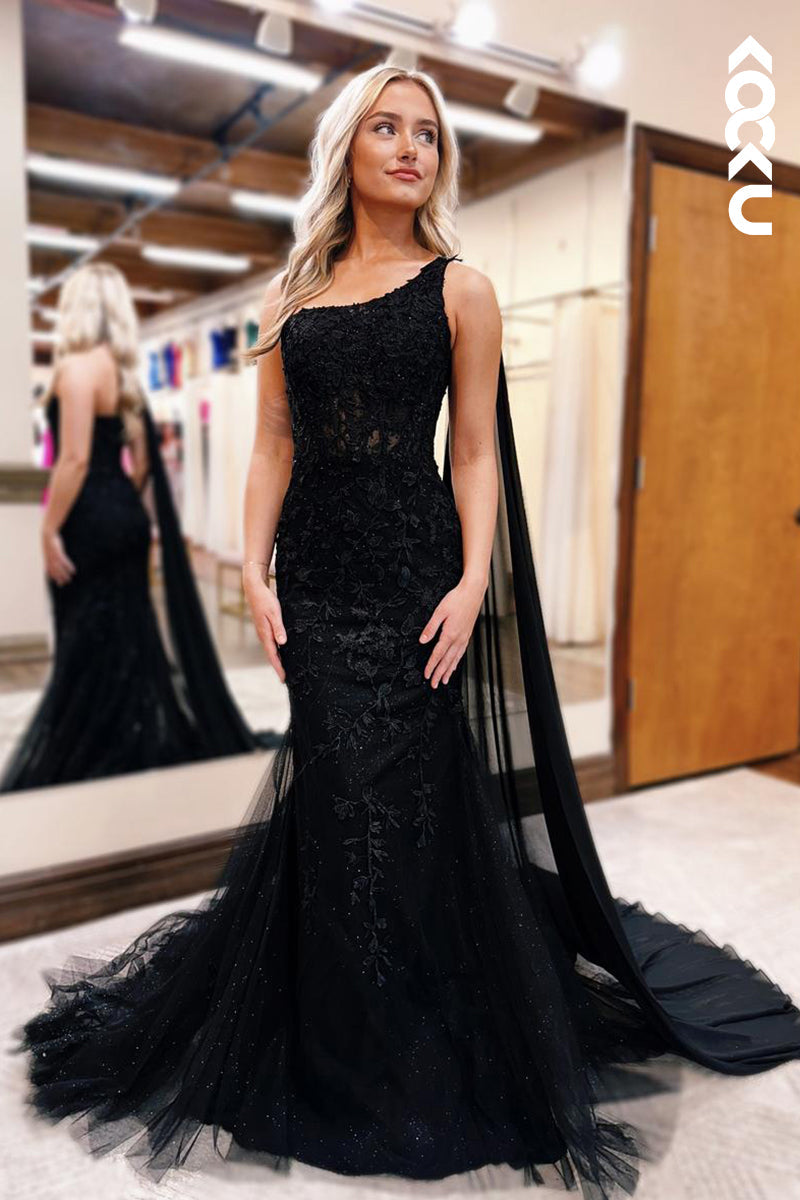 L2858 - Chic & ModernTrumpet/Mermaid One Shoulder Sleeveless Tulle Evening Party Prom Dress