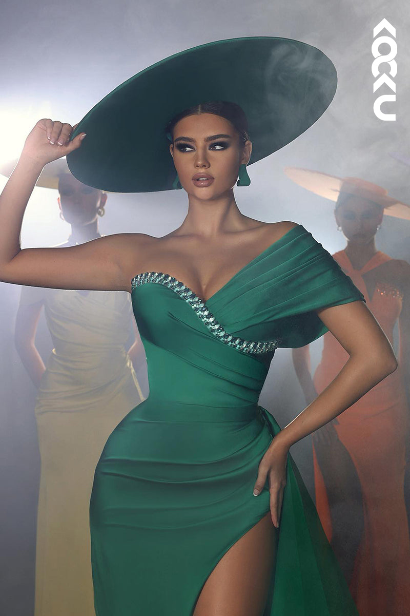L2732 - Sheath/Column Sexy One Shoulder Side Slit Ruched Rhinestones Prom Dress
