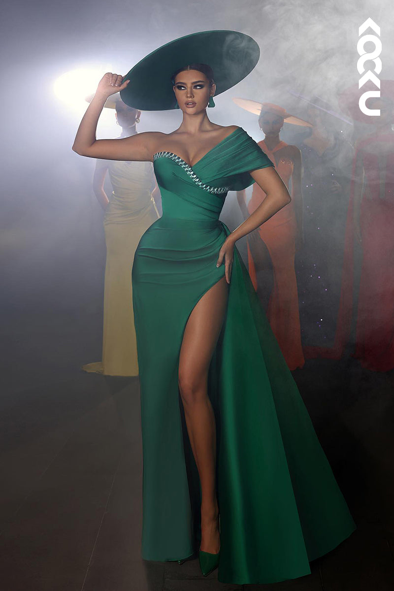 L2732 - Sheath/Column Sexy One Shoulder Side Slit Ruched Rhinestones Prom Dress