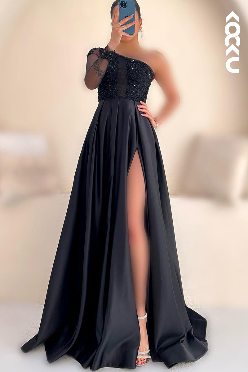 L2768 - Couture & Ornate One Shoulder Long Sleeves A-line Applique Slit Prom Dress