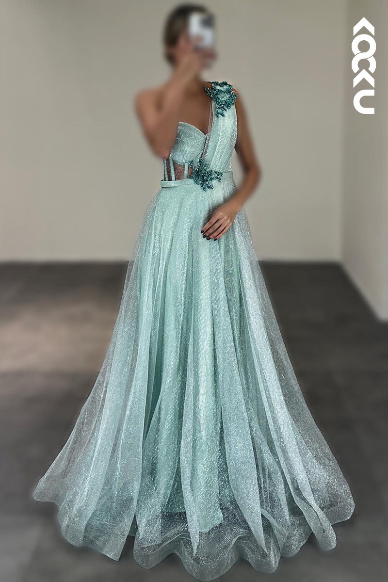 L2779 - A-Line Charming One Shoulder Tulle Sleeveless Formal Party Prom Dress
