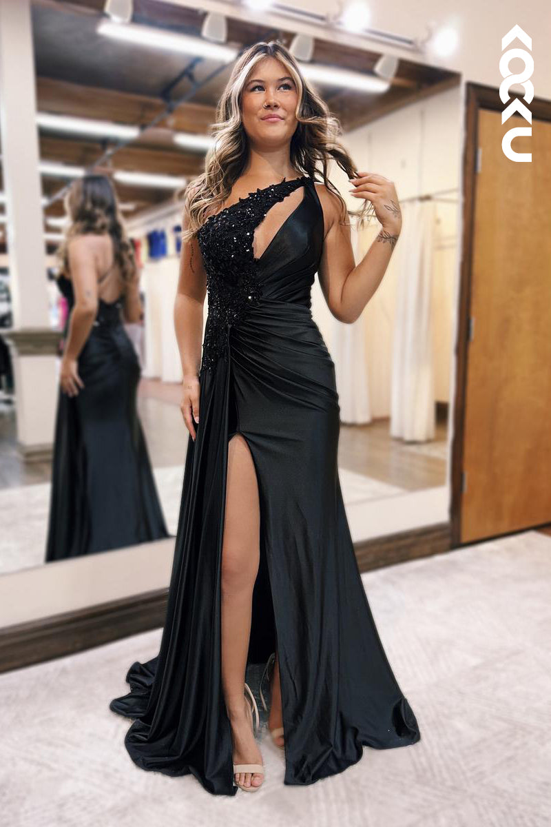 L2412 - Sexy & Chic One Shoulder Sleeveless Side Slit Party Prom Dress With Beaded