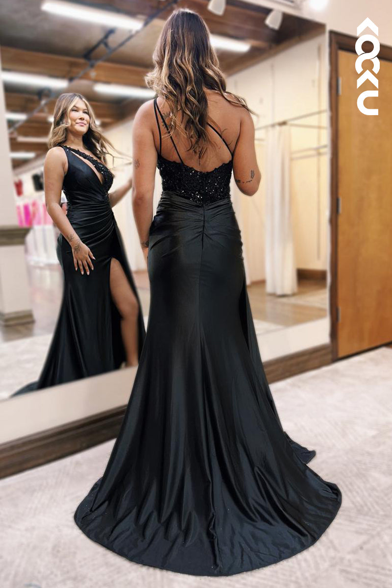 L2412 - Sexy & Chic One Shoulder Sleeveless Side Slit Party Prom Dress With Beaded