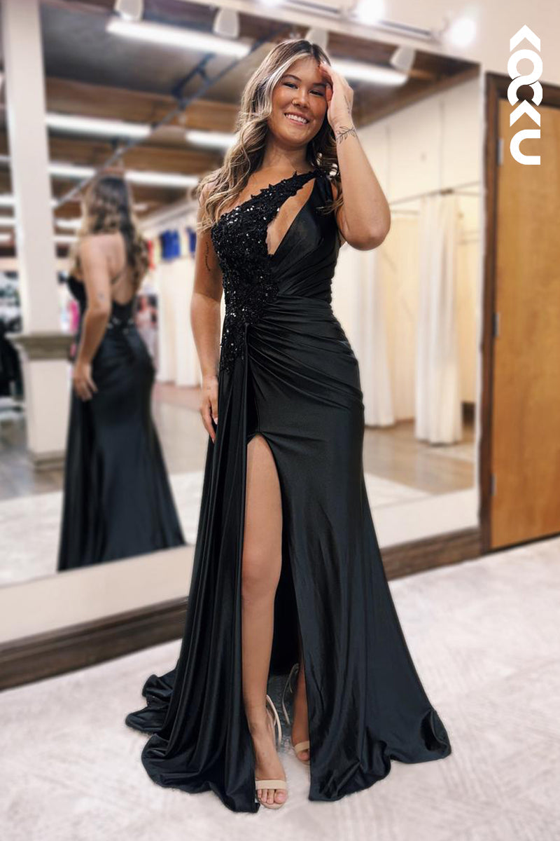 L2412 - Sexy & Chic One Shoulder Sleeveless Side Slit Party Prom Dress With Beaded