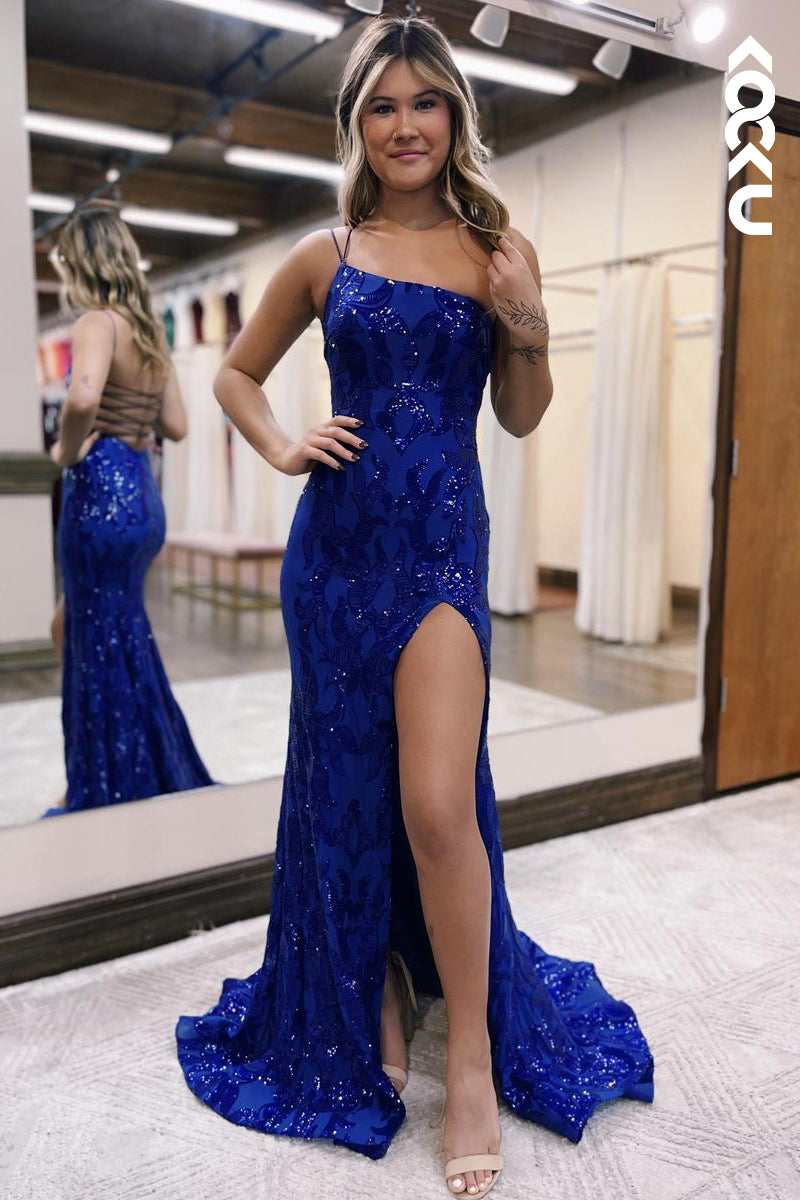 L2225 - Sexy & Charming Straps One-Shoulder Slit Mermaid Party Prom Dress With Sequined