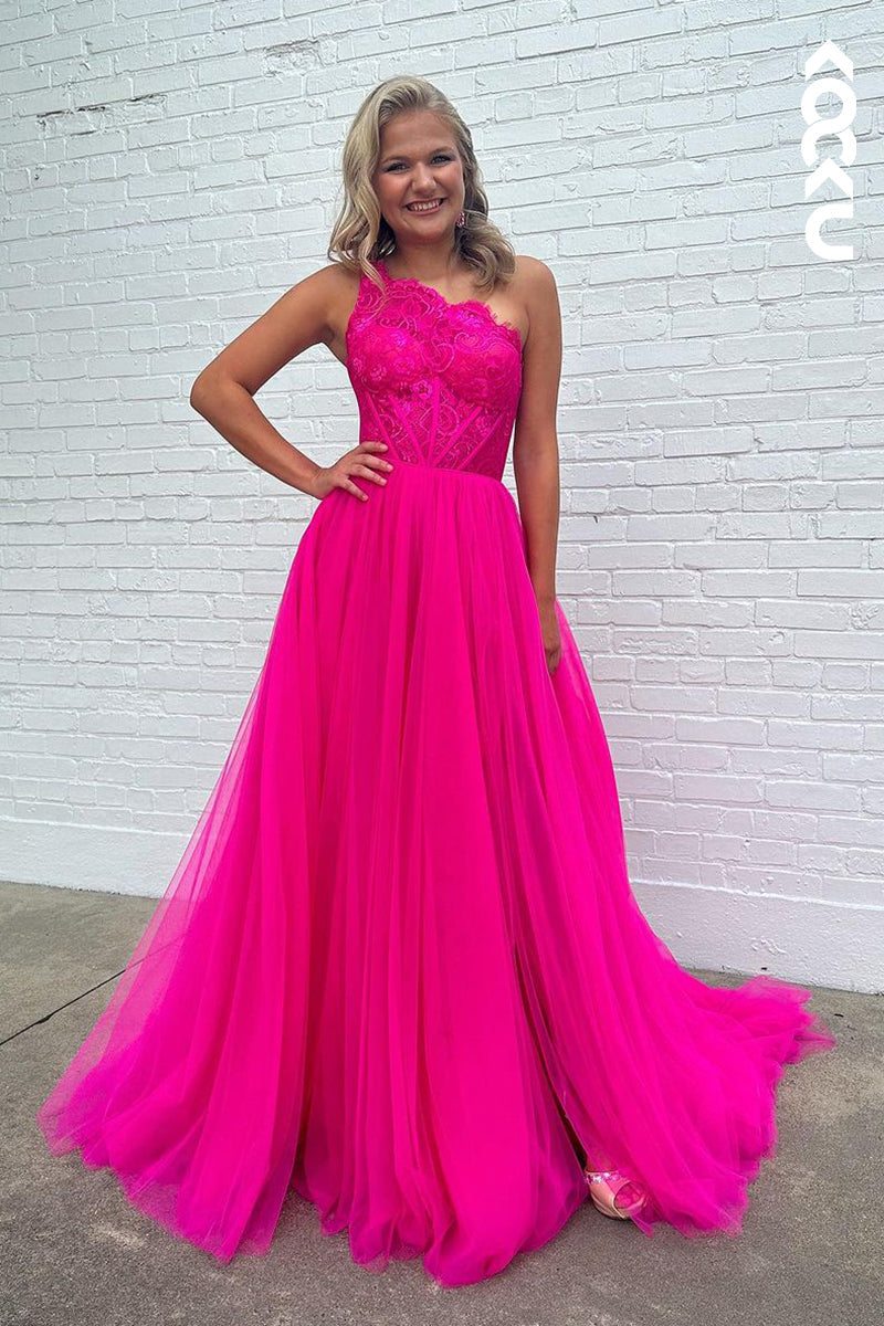 L2387 - Charming One shoulder Long A-Line Sleeveless Tulle Formal Prom Dress