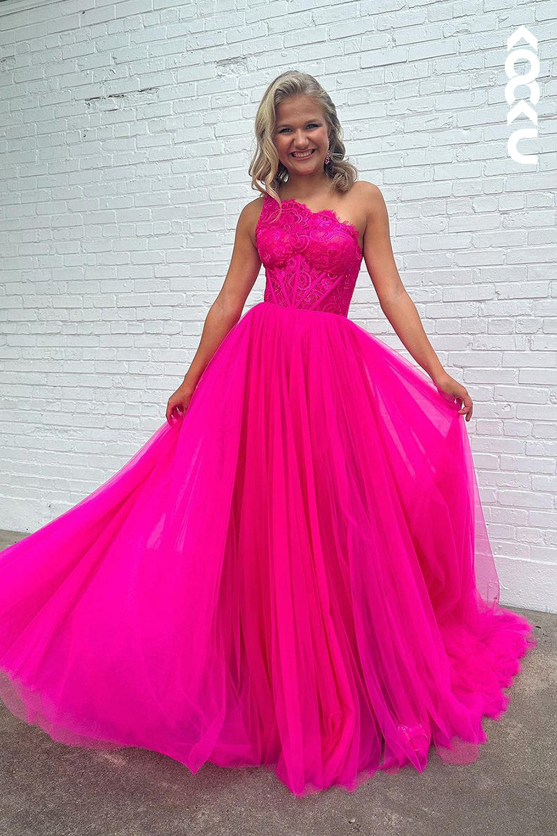 L2387 - Charming One shoulder Long A-Line Sleeveless Tulle Formal Prom Dress