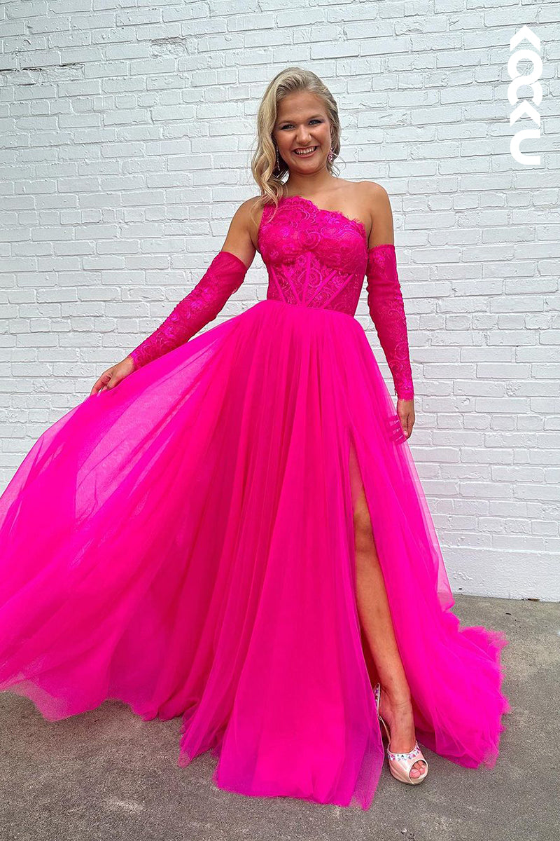 L2387 - Charming One shoulder Long A-Line Sleeveless Tulle Formal Prom Dress
