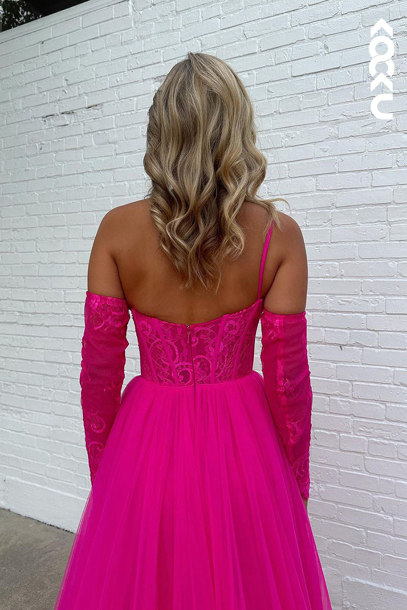 L2387 - Charming One shoulder Long A-Line Sleeveless Tulle Formal Prom Dress