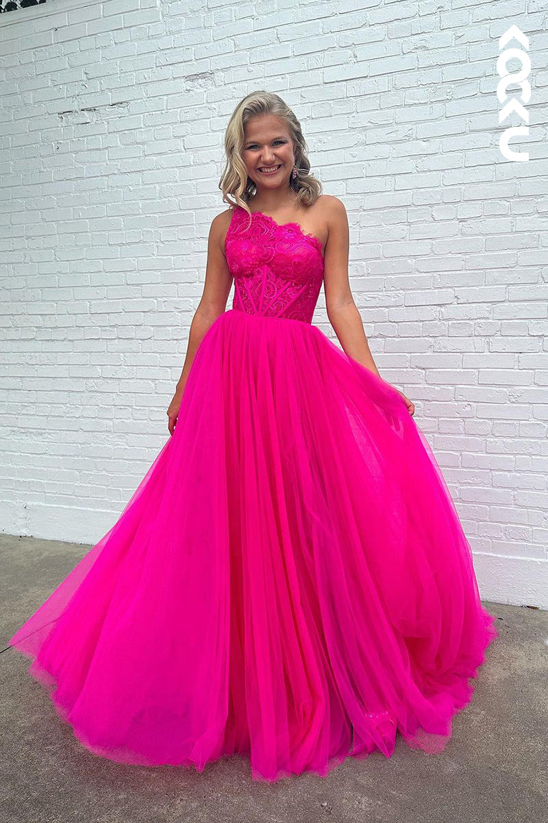 L2387 - Charming One shoulder Long A-Line Sleeveless Tulle Formal Prom Dress