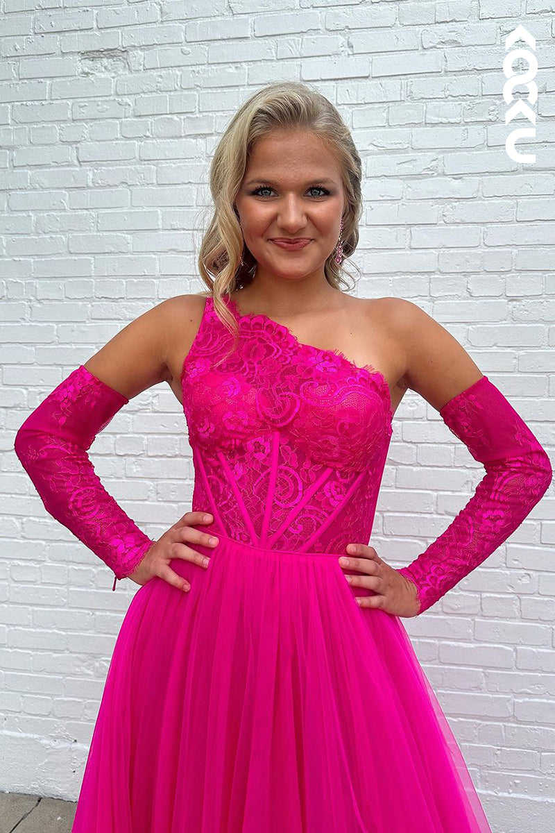 L2387 - Charming One shoulder Long A-Line Sleeveless Tulle Formal Prom Dress