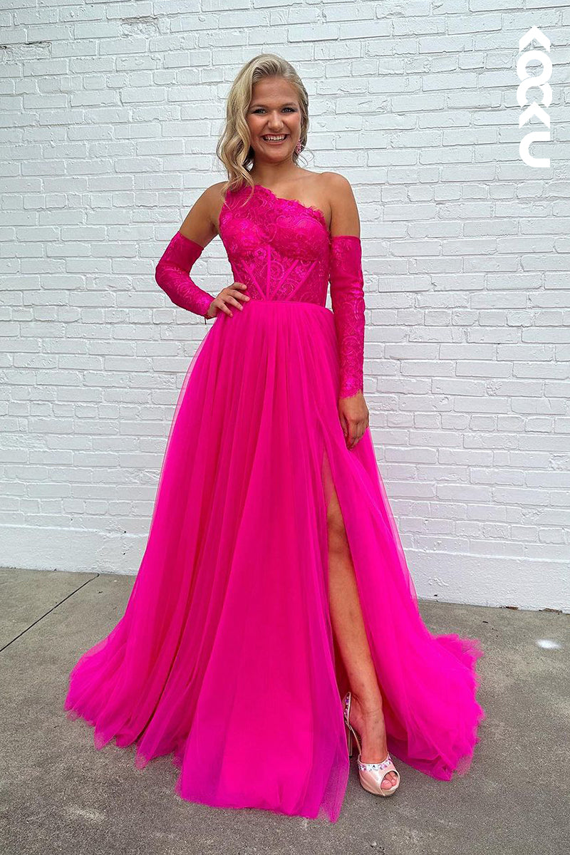 L2387 - Charming One shoulder Long A-Line Sleeveless Tulle Formal Prom Dress