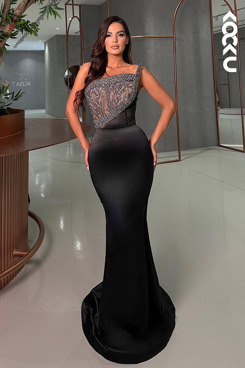 L2726 - Classic & Timeless One Shoulder Sleeveless Trumpet Rhinestones Formal Prom Dress