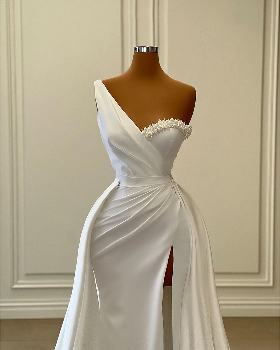 L2373 - White Elegant One Shoudler Ruched Beaded Slit Mermaid Formal Prom Dress