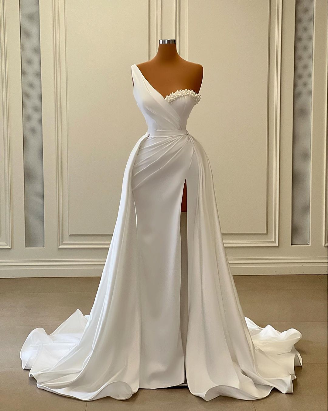 L2373 - White Elegant One Shoudler Ruched Beaded Slit Mermaid Formal Prom Dress