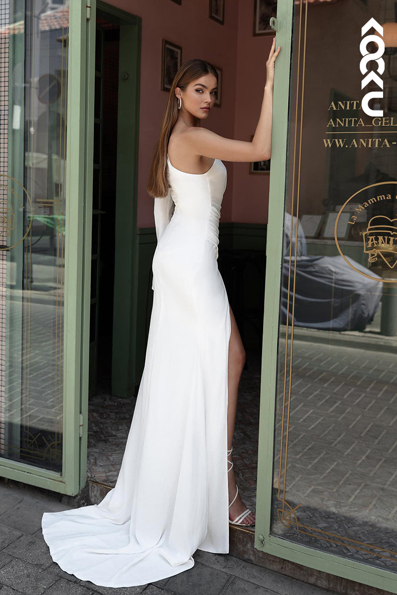 K2008 - Elegant & Charming One Shoulder Long Sleeves Sheath Side Slit Wedding Dress