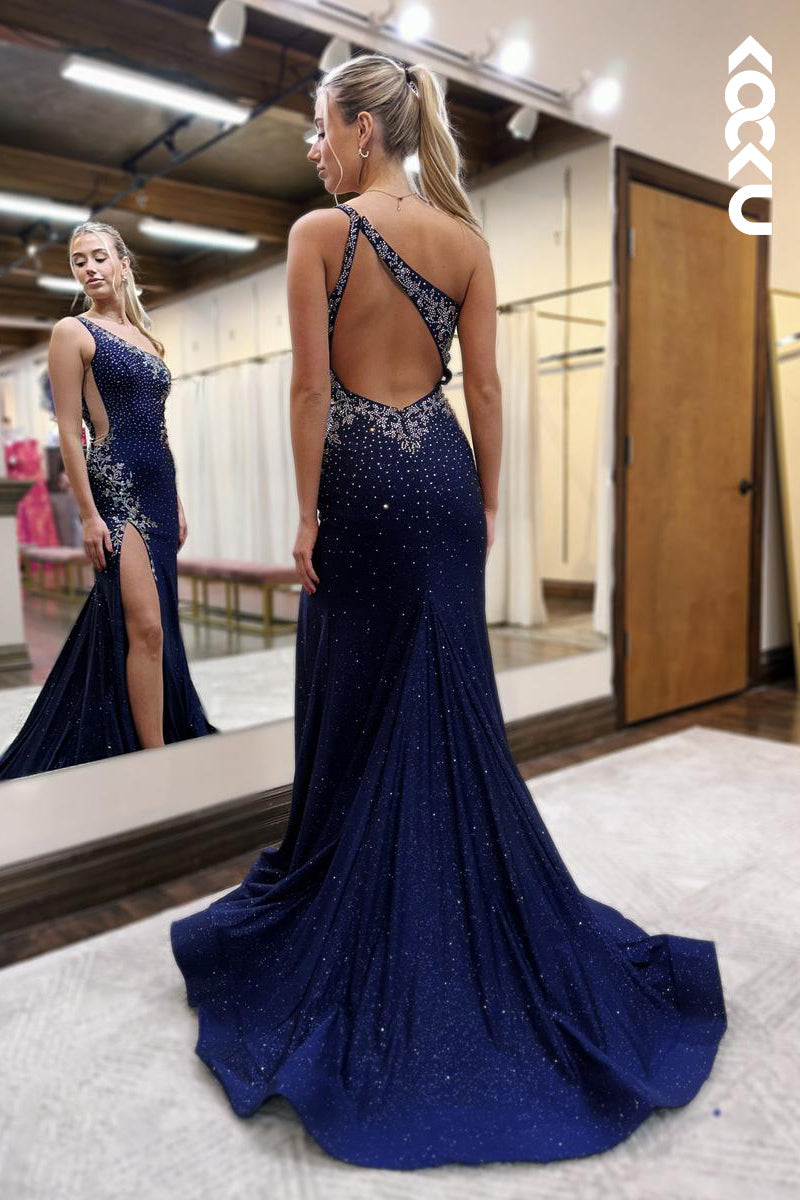 L2748 - Chic & Morden One Shoulder Side Slit Backless Mermaid Party Prom Dress